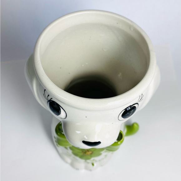 Puppy Dog Figurine Vase Planter Ceramic White Green Vintage Portugal P3571 6" - Picture 2 of 8